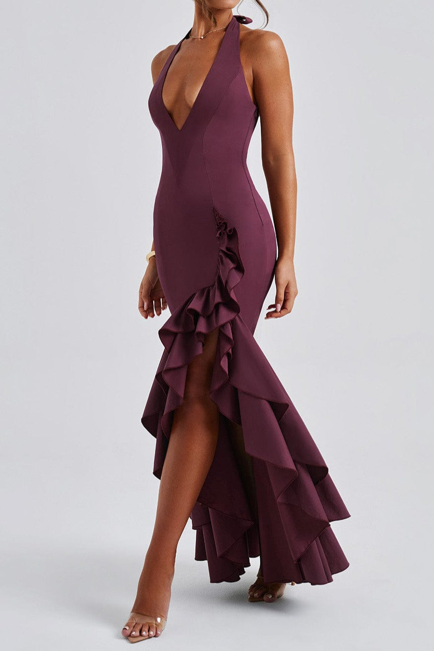 CHERRY LACQUER RUFFLE HEM MAXI DRESS, BOHO WEDDING GUEST