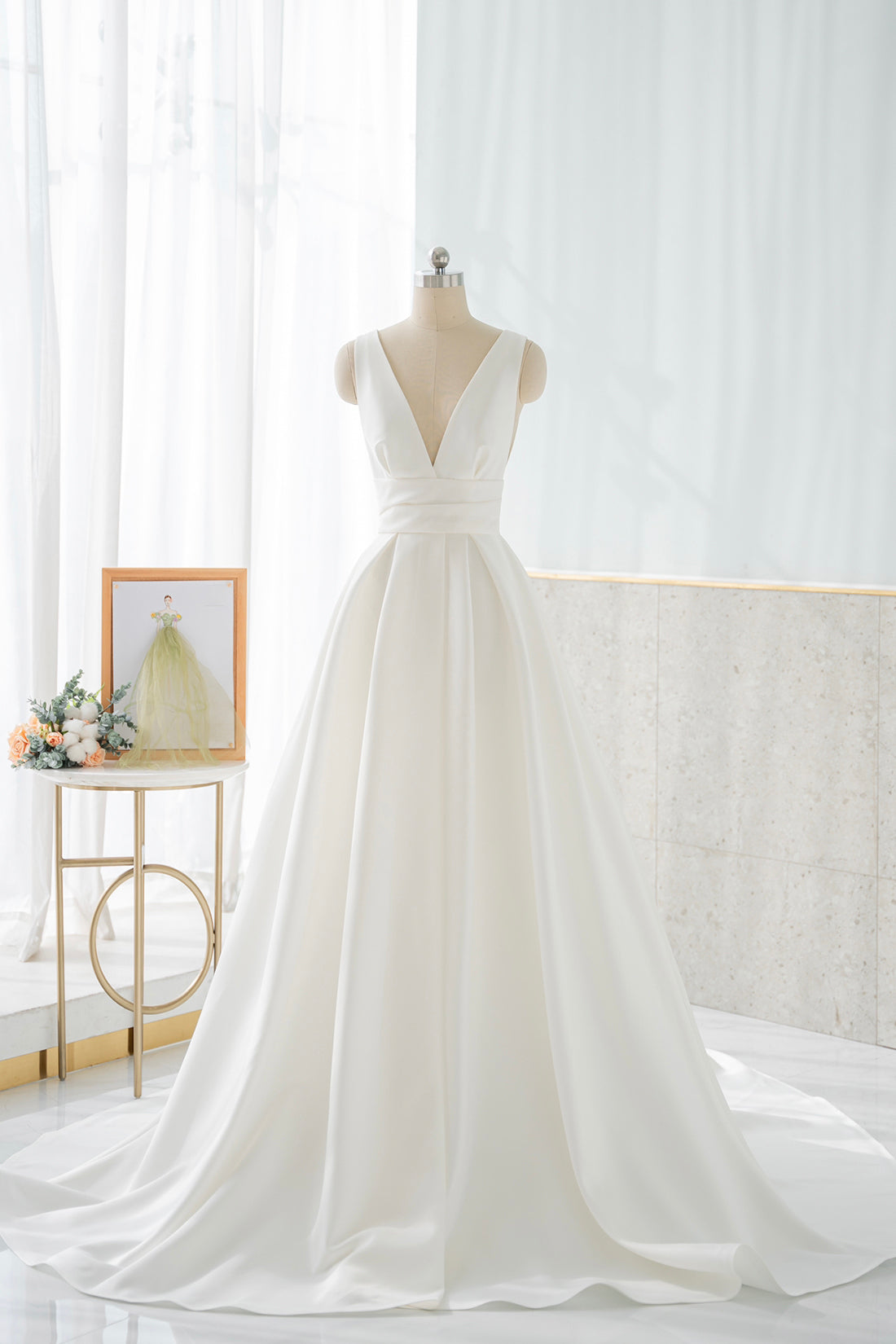 WHITE A-LINE SATIN V-NECK DRESS FOR WEDDING