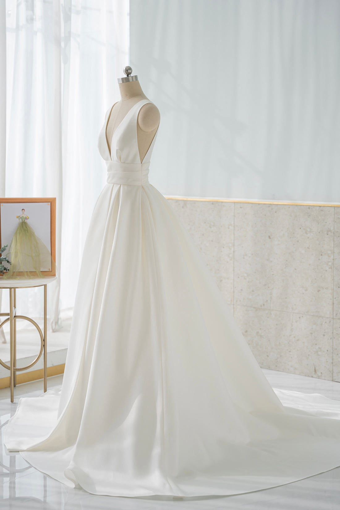 WHITE A-LINE SATIN V-NECK DRESS FOR WEDDING