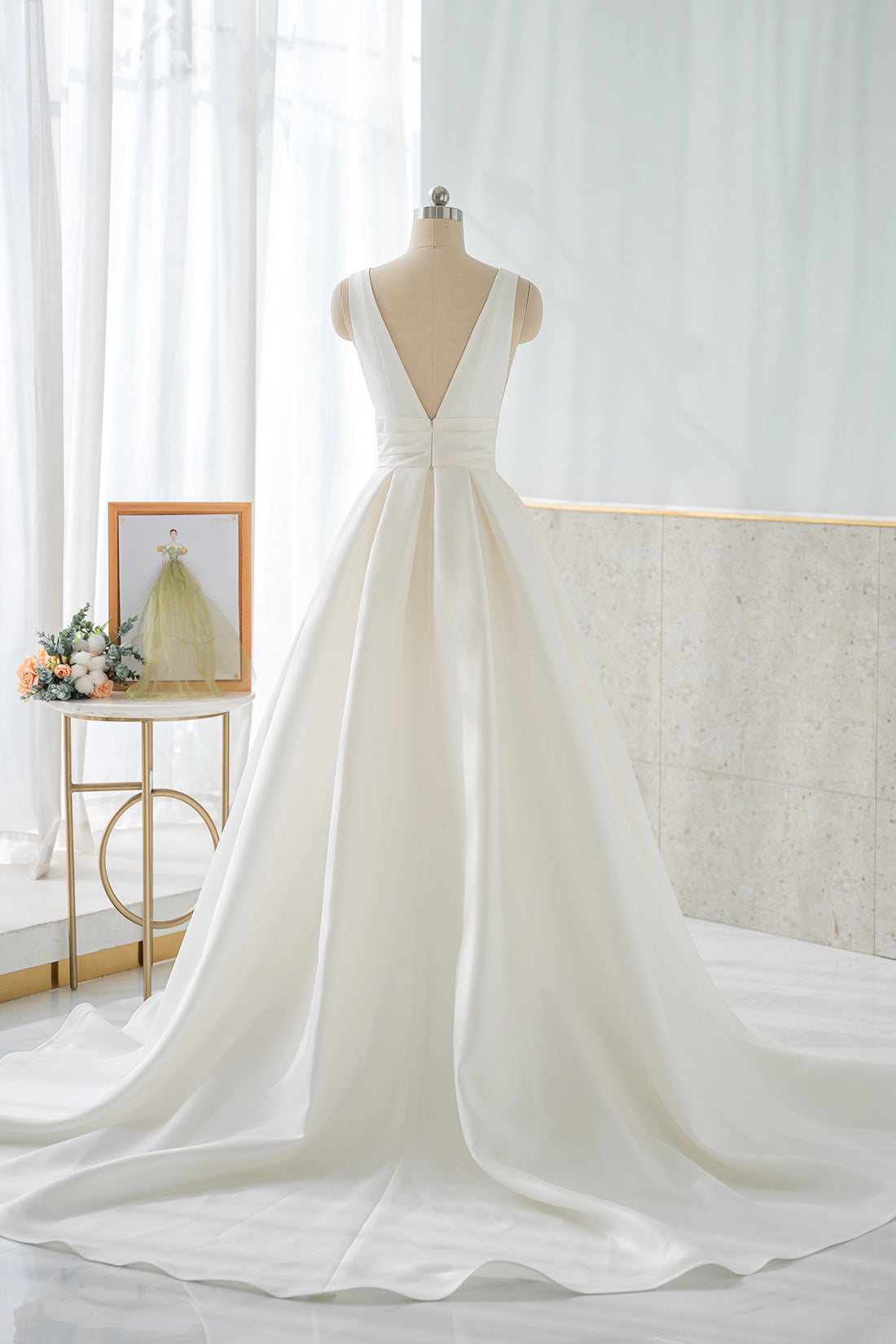 WHITE A-LINE SATIN V-NECK DRESS FOR WEDDING