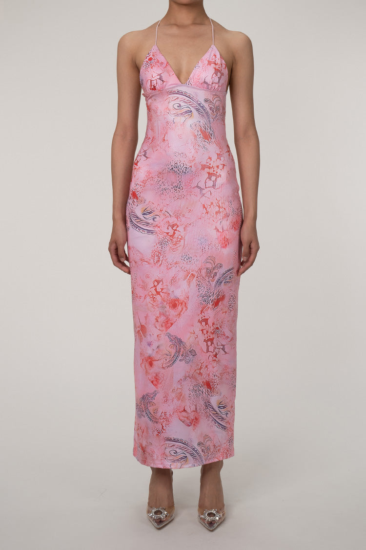 vintage-printed-strappy-butterfly-backless-plunge-sheath-slip-maxi-dress-Pink-1 PRINTED STRAPLESS BACKLESS SHEATH MAXI DRESS