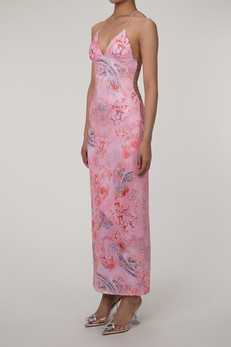 PRINTED STRAPLESS BACKLESS SHEATH MAXI DRESS