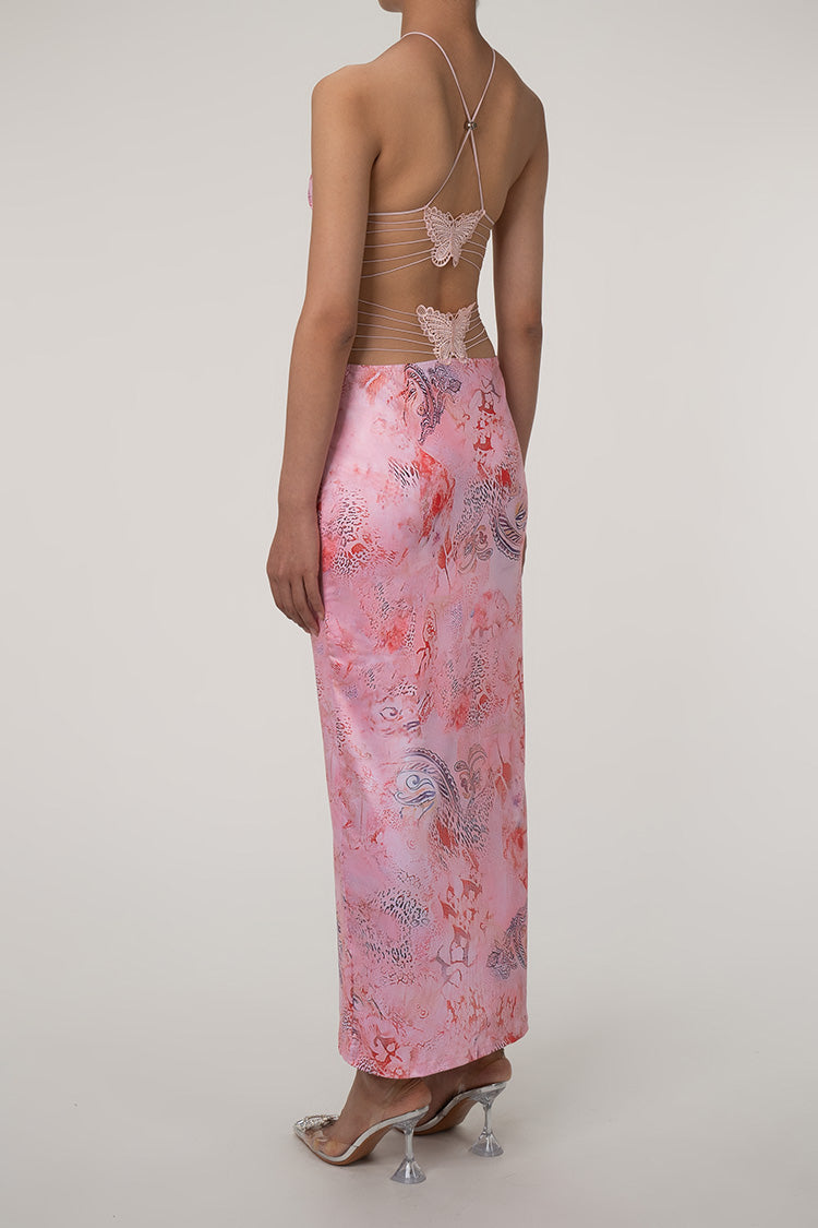 PRINTED STRAPLESS BACKLESS SHEATH MAXI DRESS