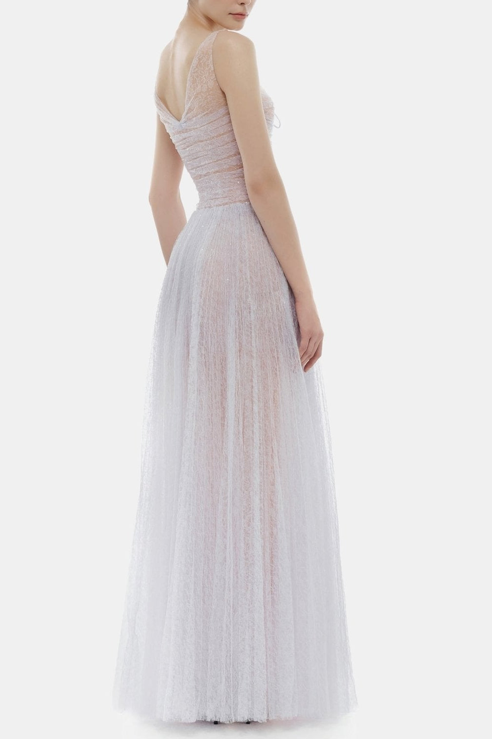 MONICA VIOLET DRAPED TULLE FISHBONE MAXI DRESS