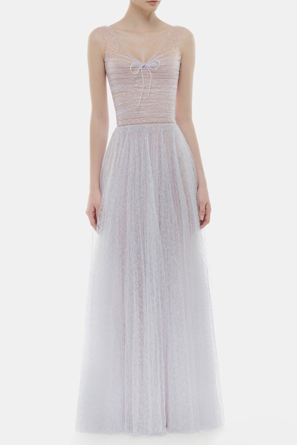 MONICA VIOLET DRAPED TULLE FISHBONE MAXI DRESS