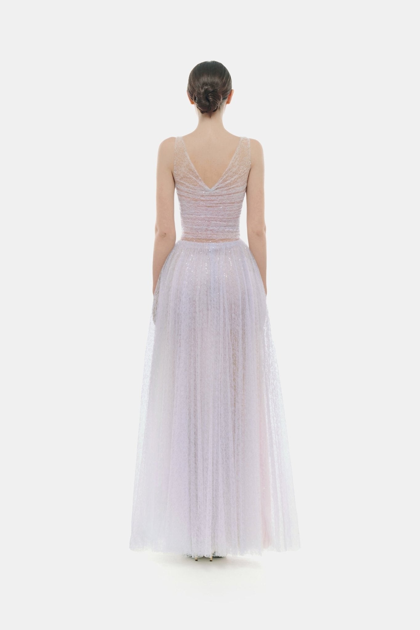 MONICA VIOLET DRAPED TULLE FISHBONE MAXI DRESS