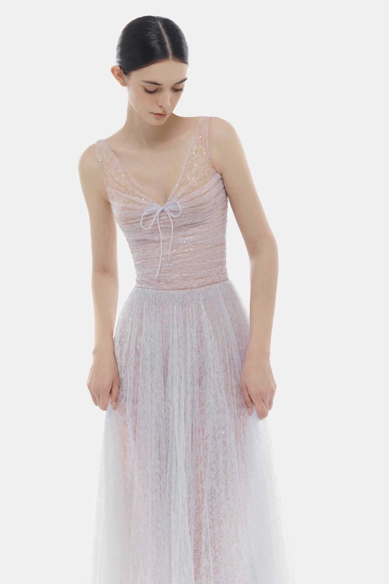 MONICA VIOLET DRAPED TULLE FISHBONE MAXI DRESS