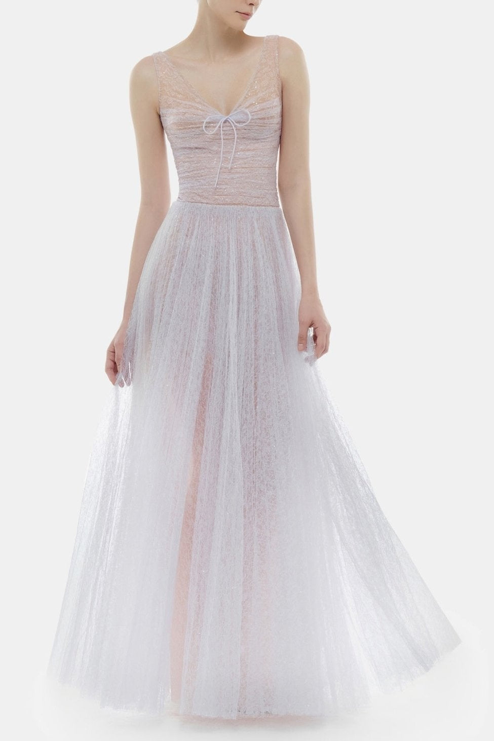 MONICA VIOLET DRAPED TULLE FISHBONE MAXI DRESS