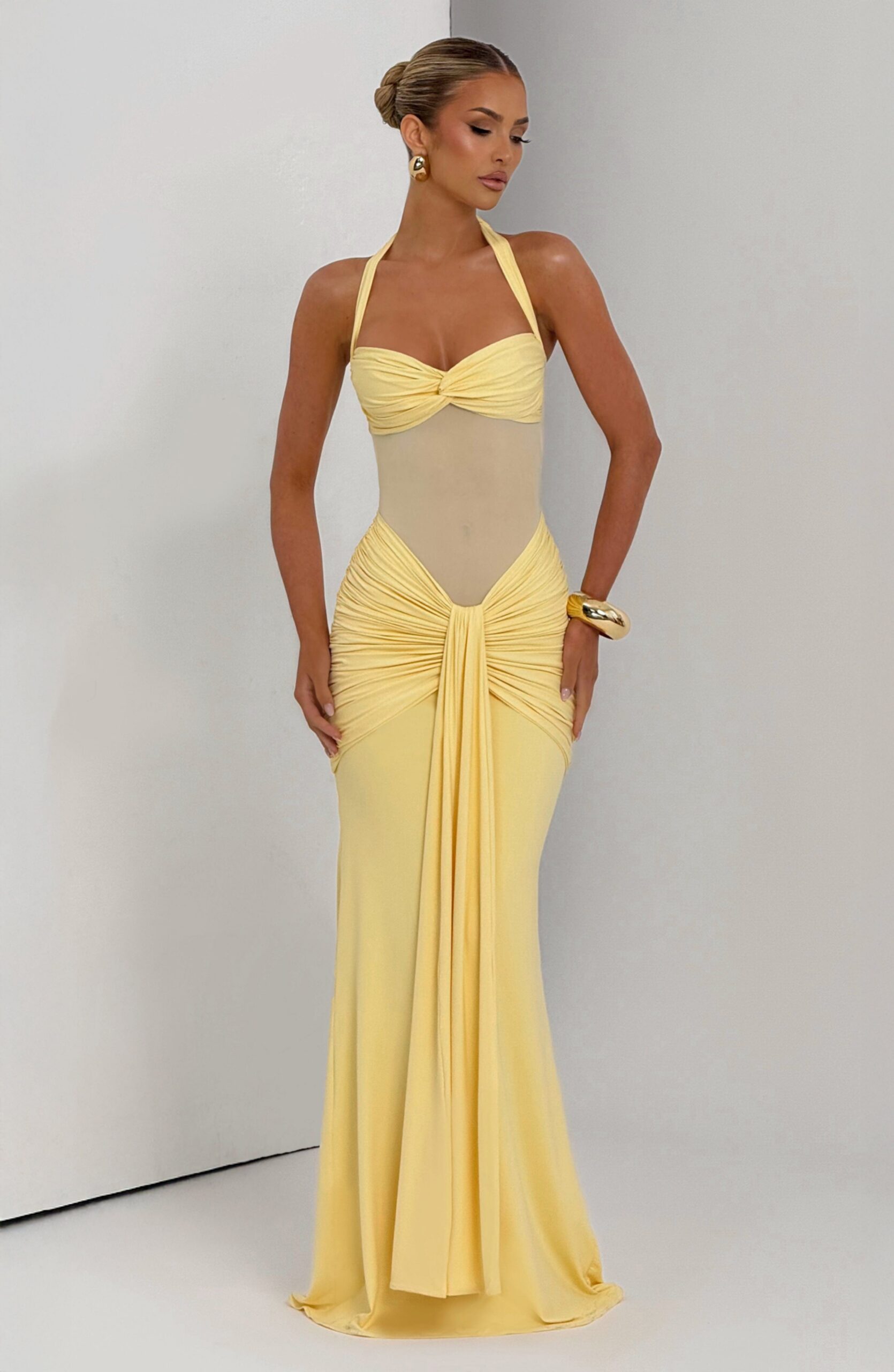 VIXEN PLEATED BANDAGE MAXI DRESS - LEMON