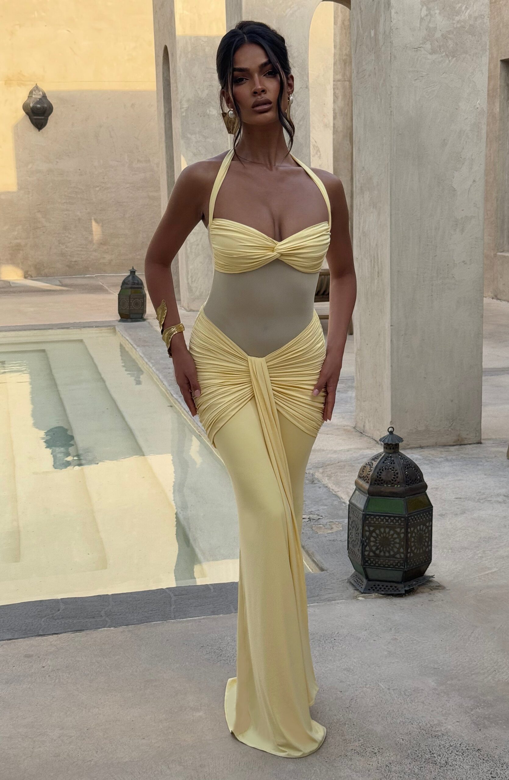 VIXEN PLEATED BANDAGE MAXI DRESS - LEMON