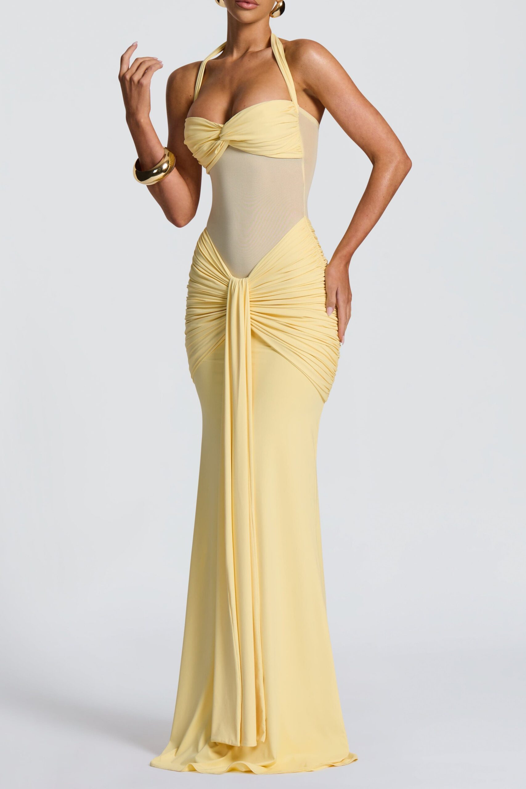 VIXEN PLEATED BANDAGE MAXI DRESS - LEMON