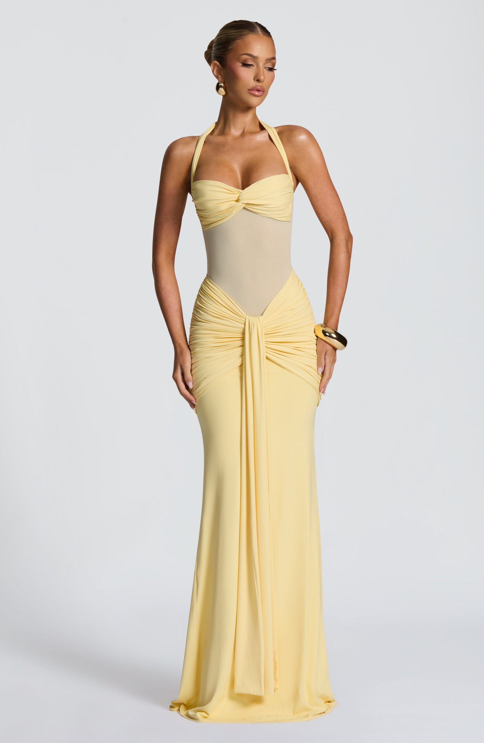 VIXEN PLEATED BANDAGE MAXI DRESS - LEMON