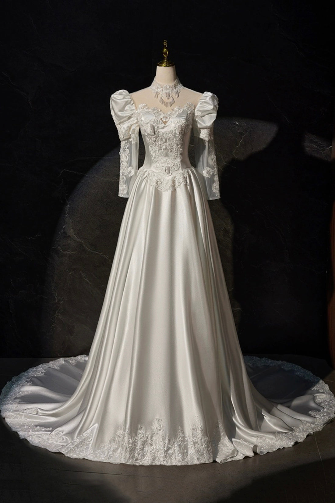 A-LINE SATIN LACE LONG SLEEVE COCKTAIL DRESS