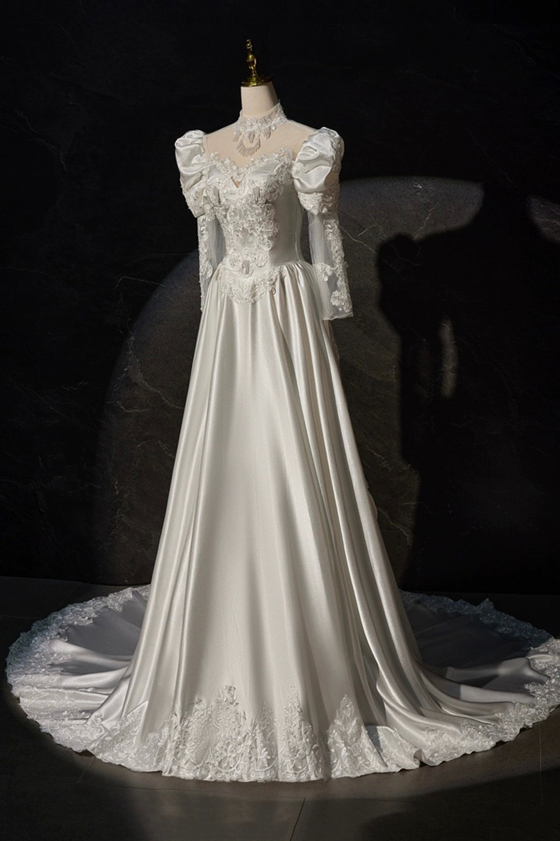 A-LINE SATIN LACE LONG SLEEVE COCKTAIL DRESS