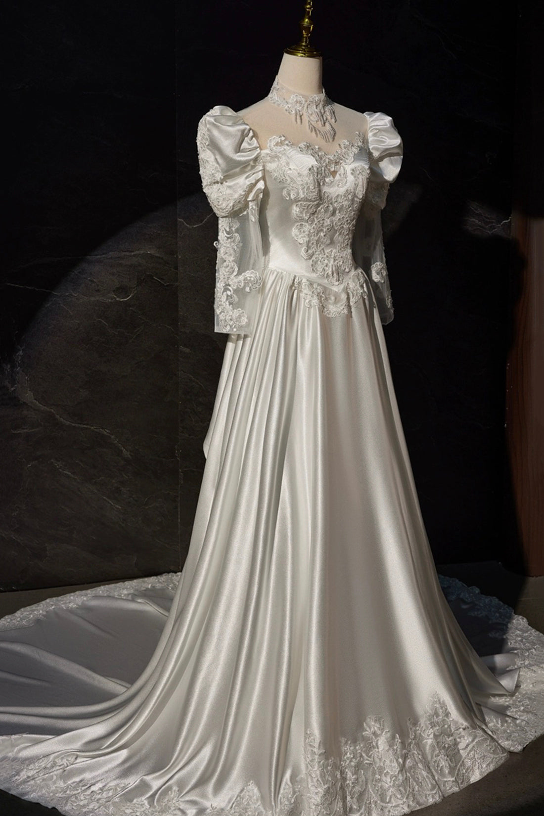 A-LINE SATIN LACE LONG SLEEVE COCKTAIL DRESS