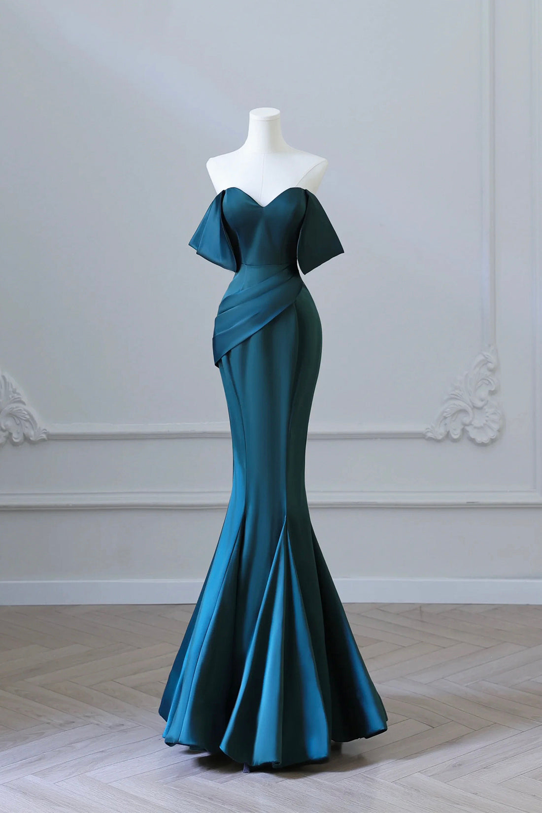 OFF SHOULDER SATIN INK BLUE PROM GOWN