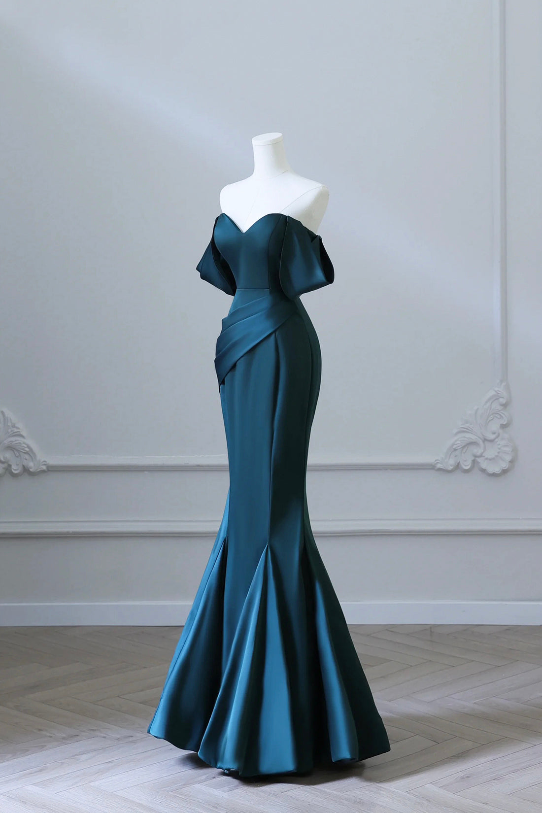 OFF SHOULDER SATIN INK BLUE PROM GOWN