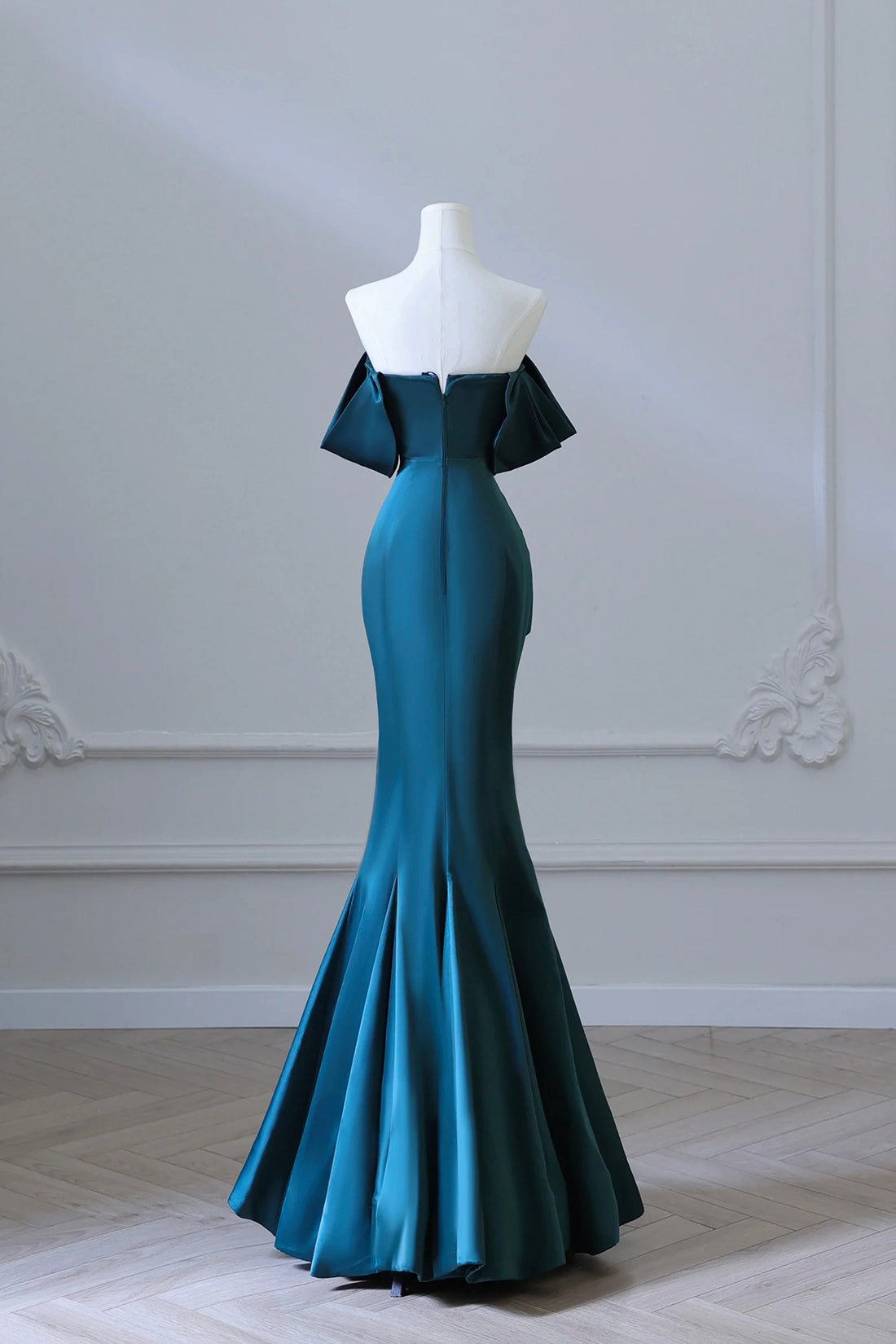 OFF SHOULDER SATIN INK BLUE PROM GOWN