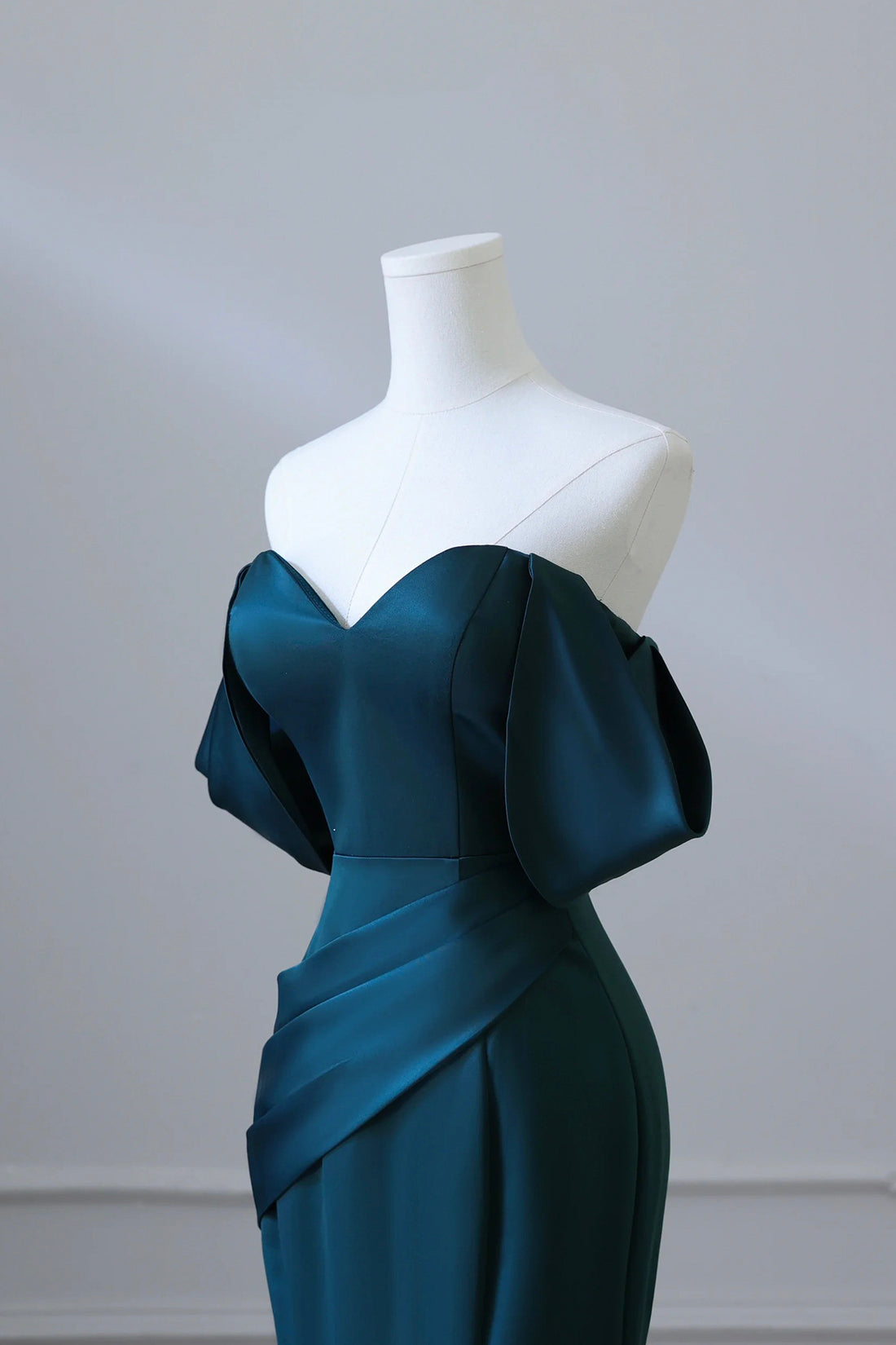 OFF SHOULDER SATIN INK BLUE PROM GOWN