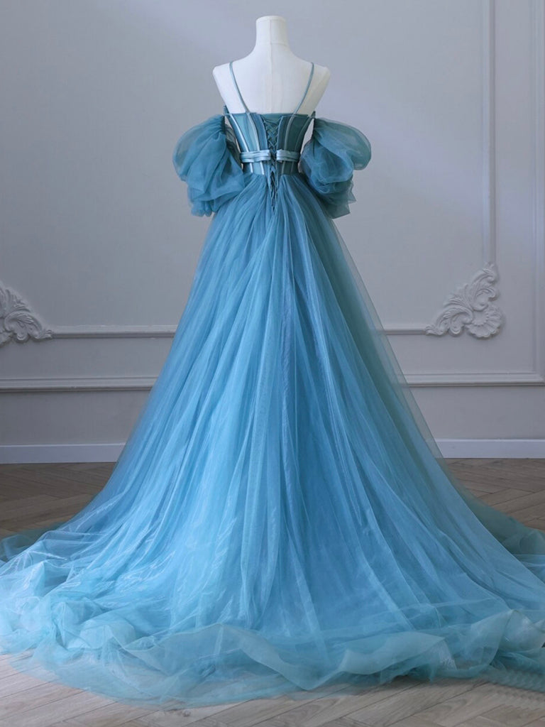 A-LINE TULLE BLUE PROM DRESS