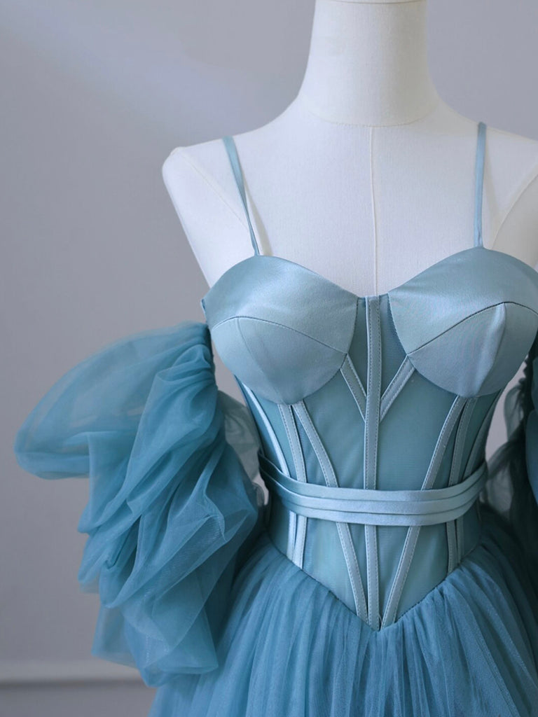 A-LINE TULLE BLUE PROM DRESS