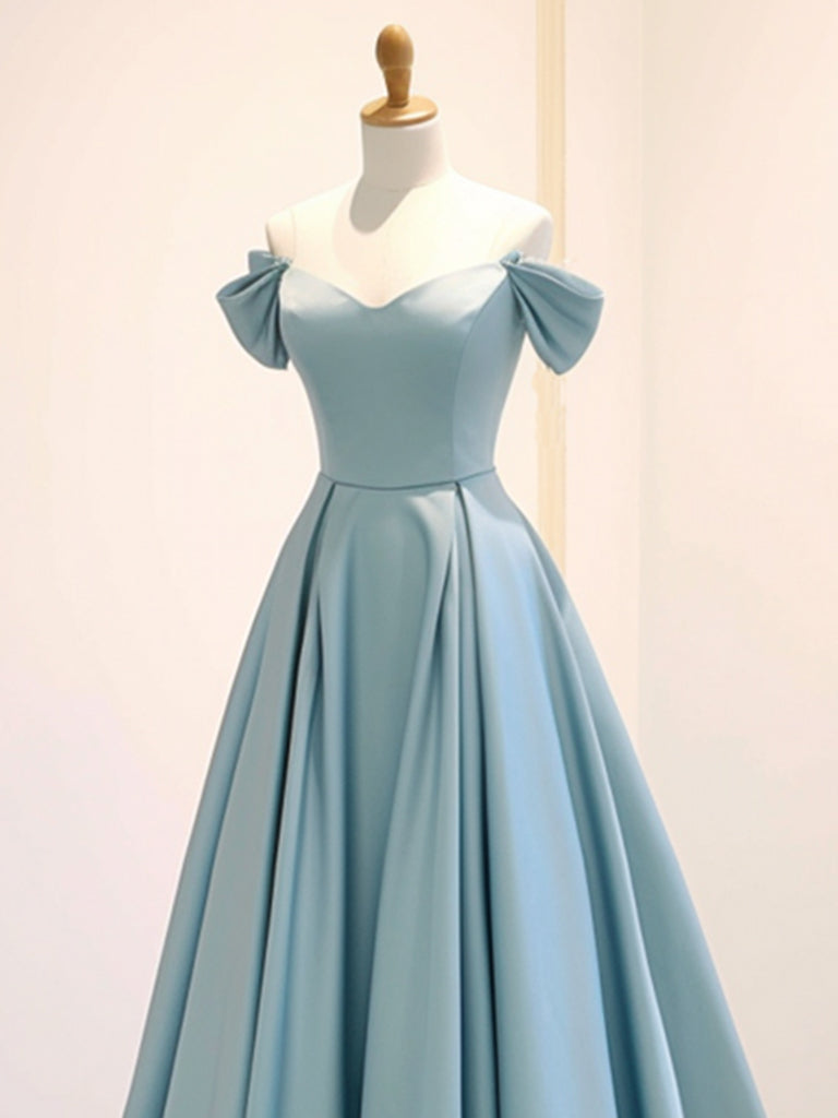 A-LINE OFF-SHOULDER SATIN BLUE DRESS