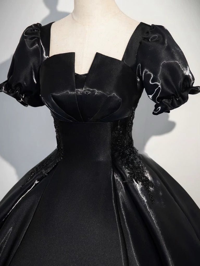 A-LINE SATIN BLACK PROM DRESS, SHORT SLEEVE
