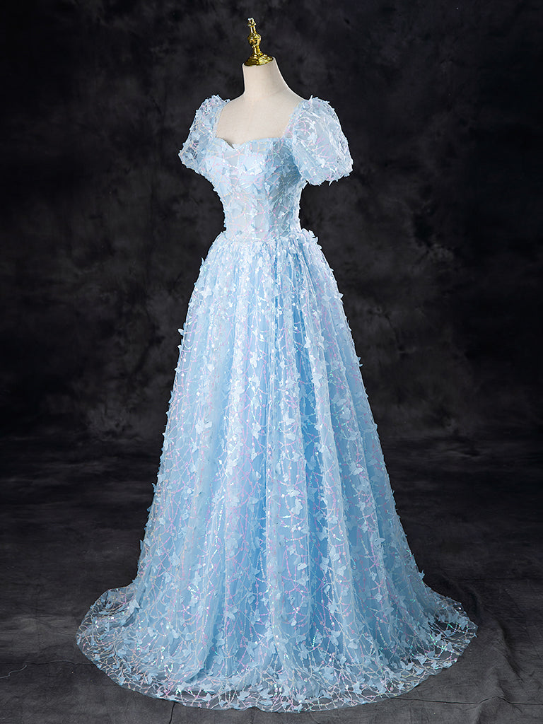 A-LINE TULLE SEQUIN LACE BLUE PROM DRESS