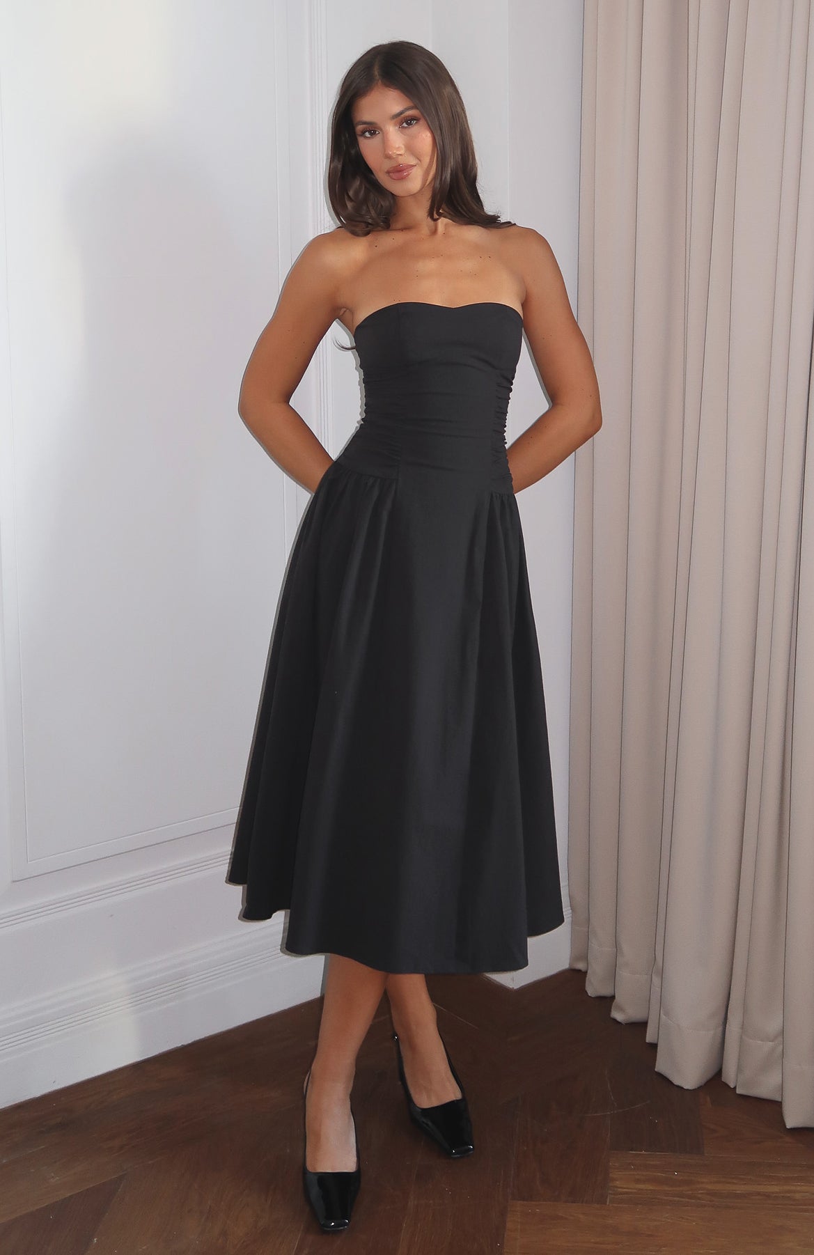 SANDRA STRAPLESS MIDI DRESS BLACK COCKTAIL PARTY
