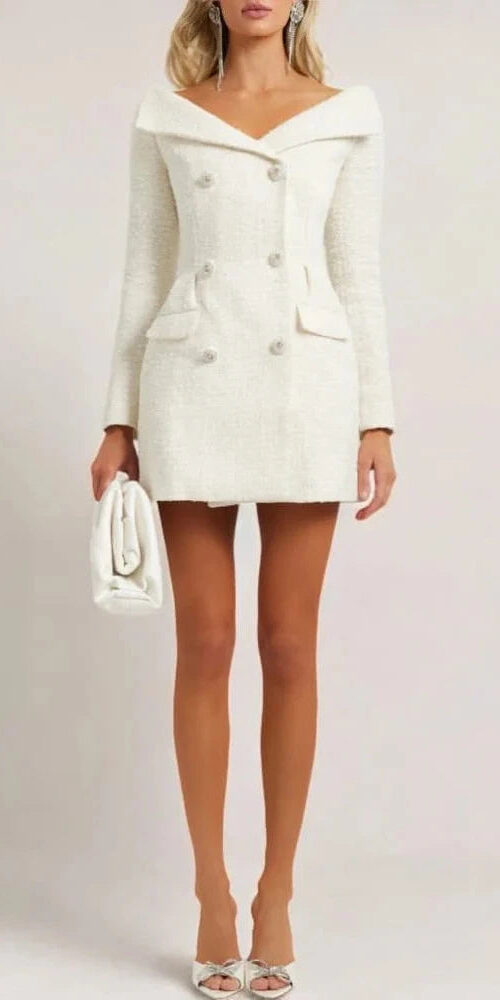 STEPHANIE WHITE BOUCLE BLAZER MINI DRESS STEPHANIE WHITE BOUCLE BLAZER MINI DRESS