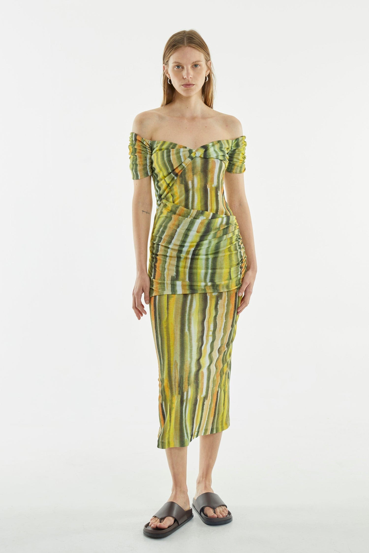 WIND THROUGH OFF-SHOULDER DRESS, BRUSH STROKE ART
