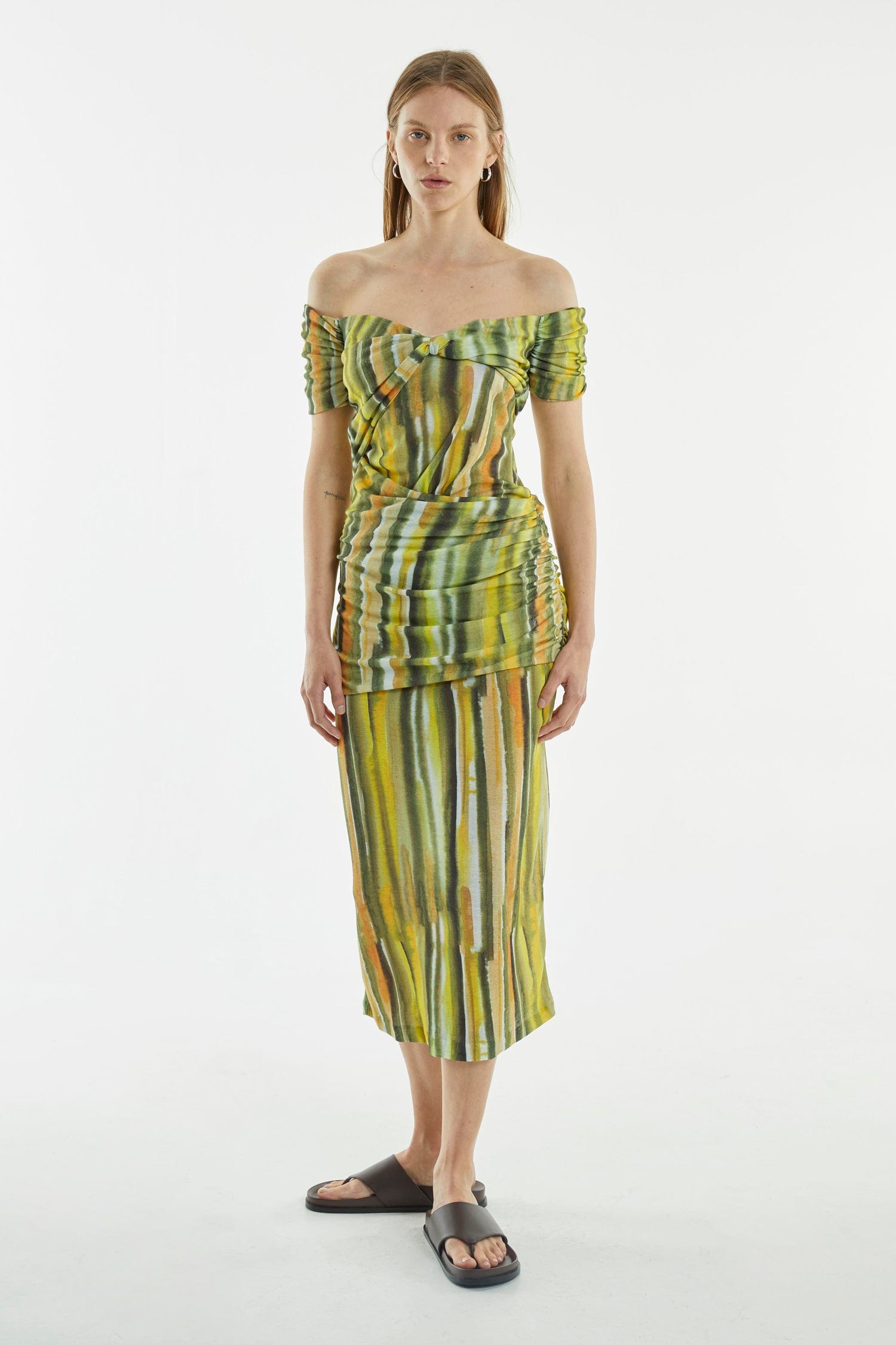 WIND THROUGH OFF-SHOULDER DRESS, BRUSH STROKE ART