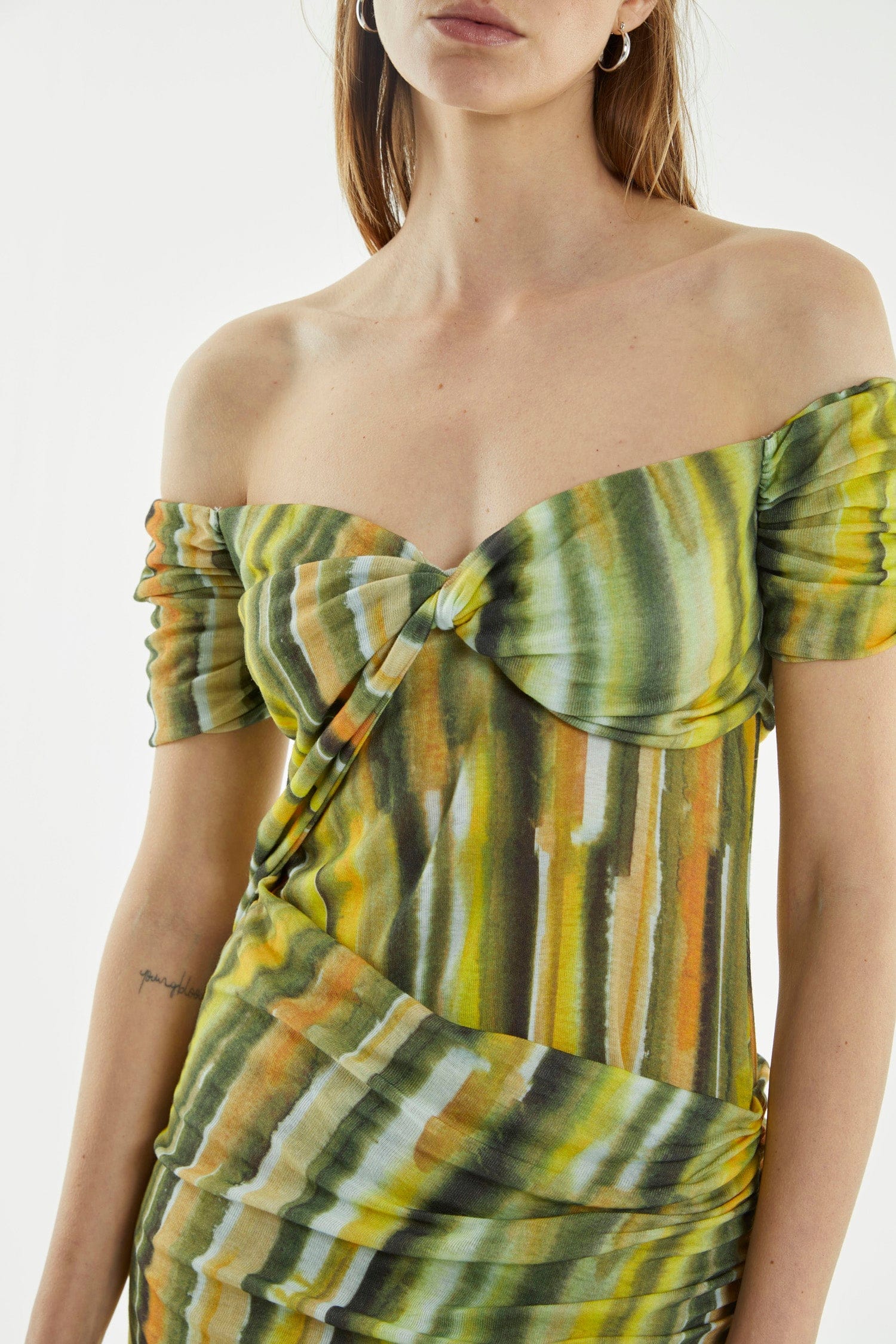WIND THROUGH OFF-SHOULDER DRESS, BRUSH STROKE ART