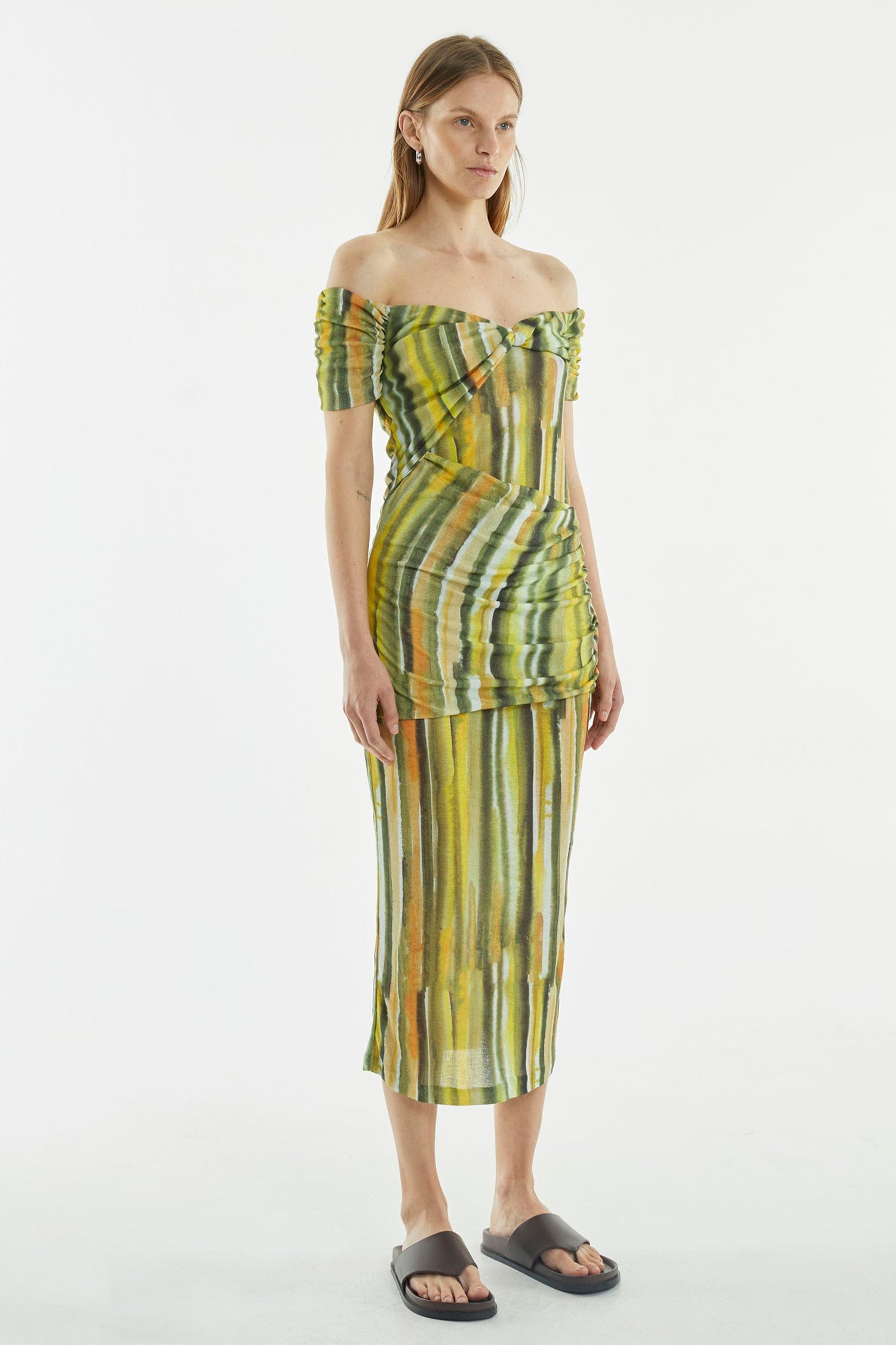 WIND THROUGH OFF-SHOULDER DRESS, BRUSH STROKE ART