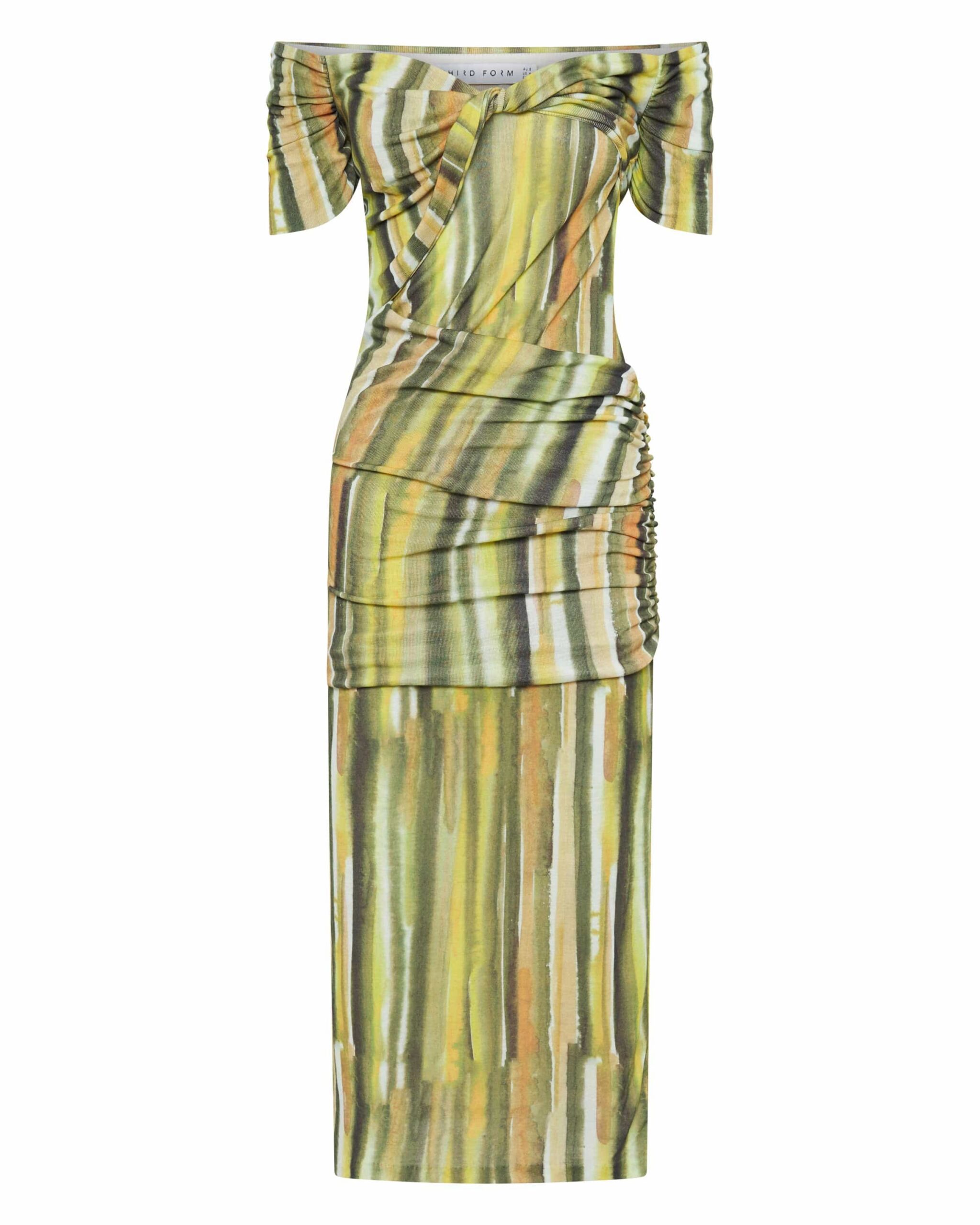 WIND THROUGH OFF-SHOULDER DRESS, BRUSH STROKE ART
