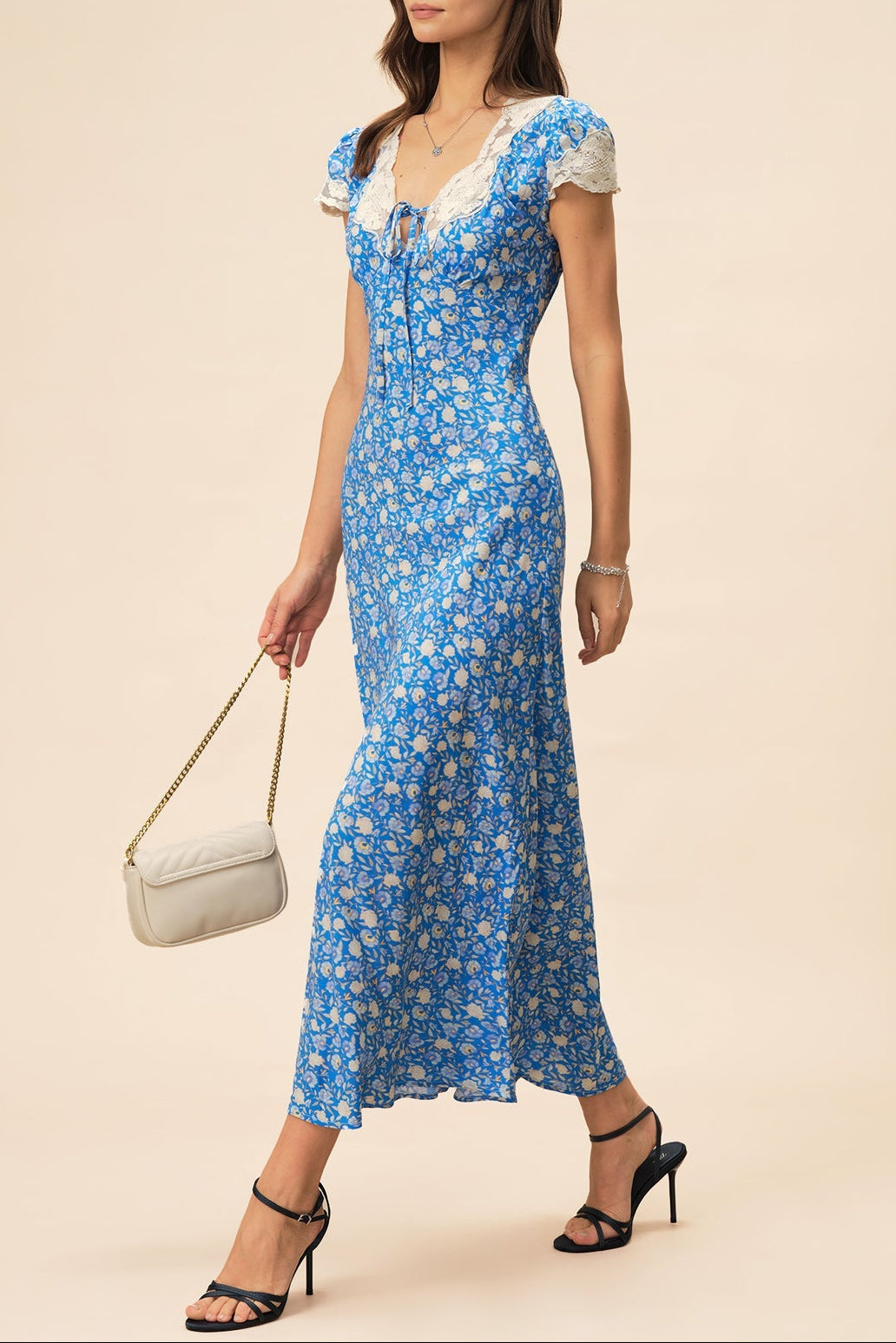 FLORAL LACE V-NECK MAXI DRESS, BLUE