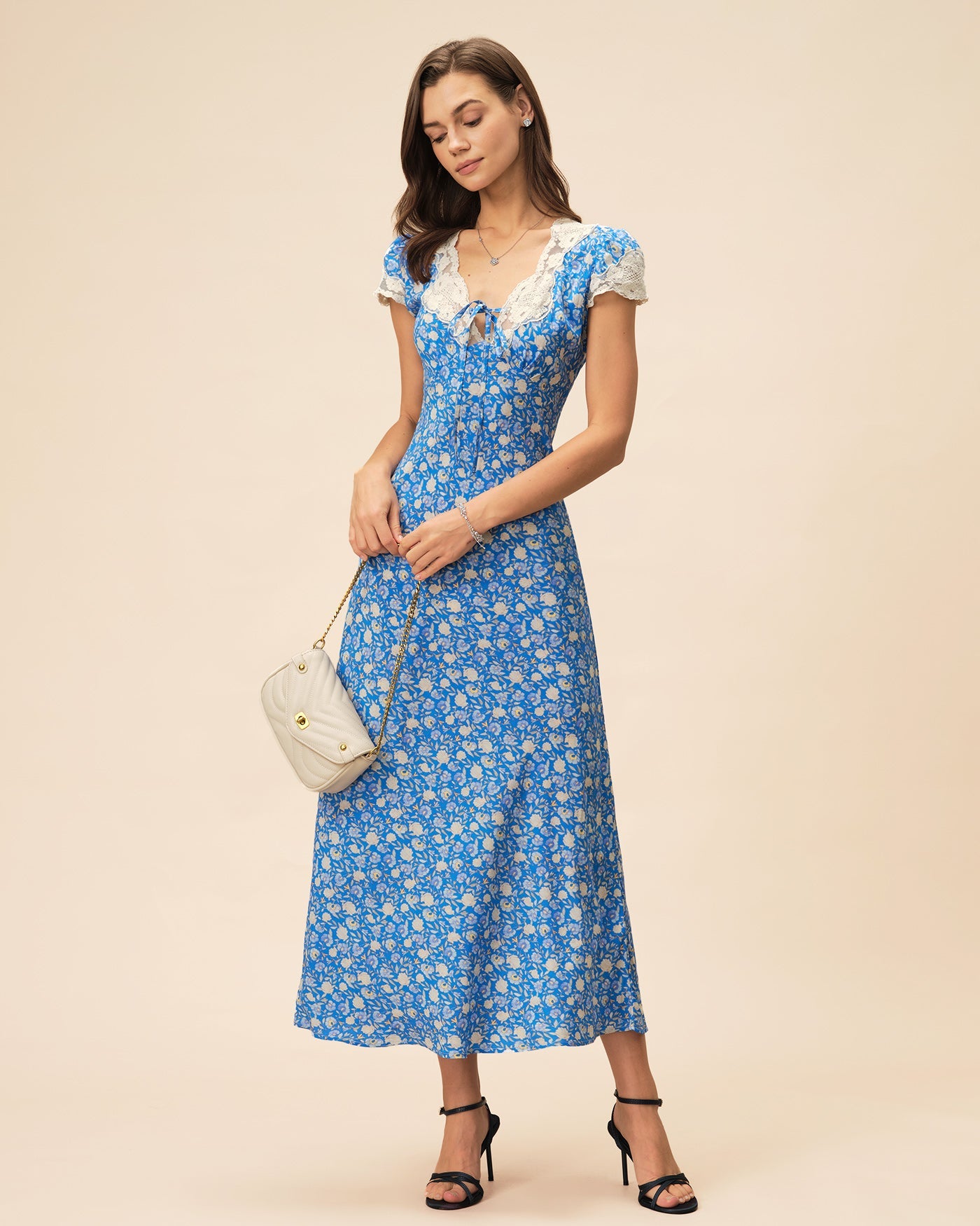 FLORAL LACE V-NECK MAXI DRESS, BLUE