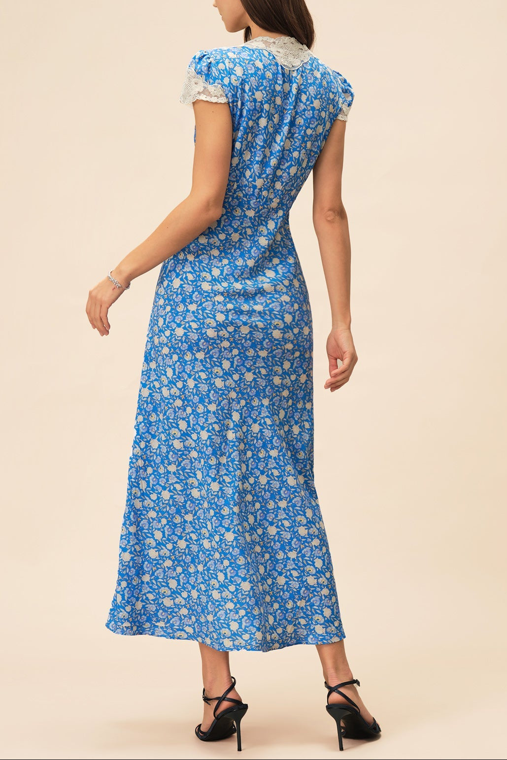 FLORAL LACE V-NECK MAXI DRESS, BLUE