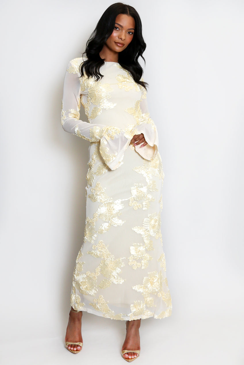 FLORAL LACE MIDI DRESS WITH FLUTE CUFFS