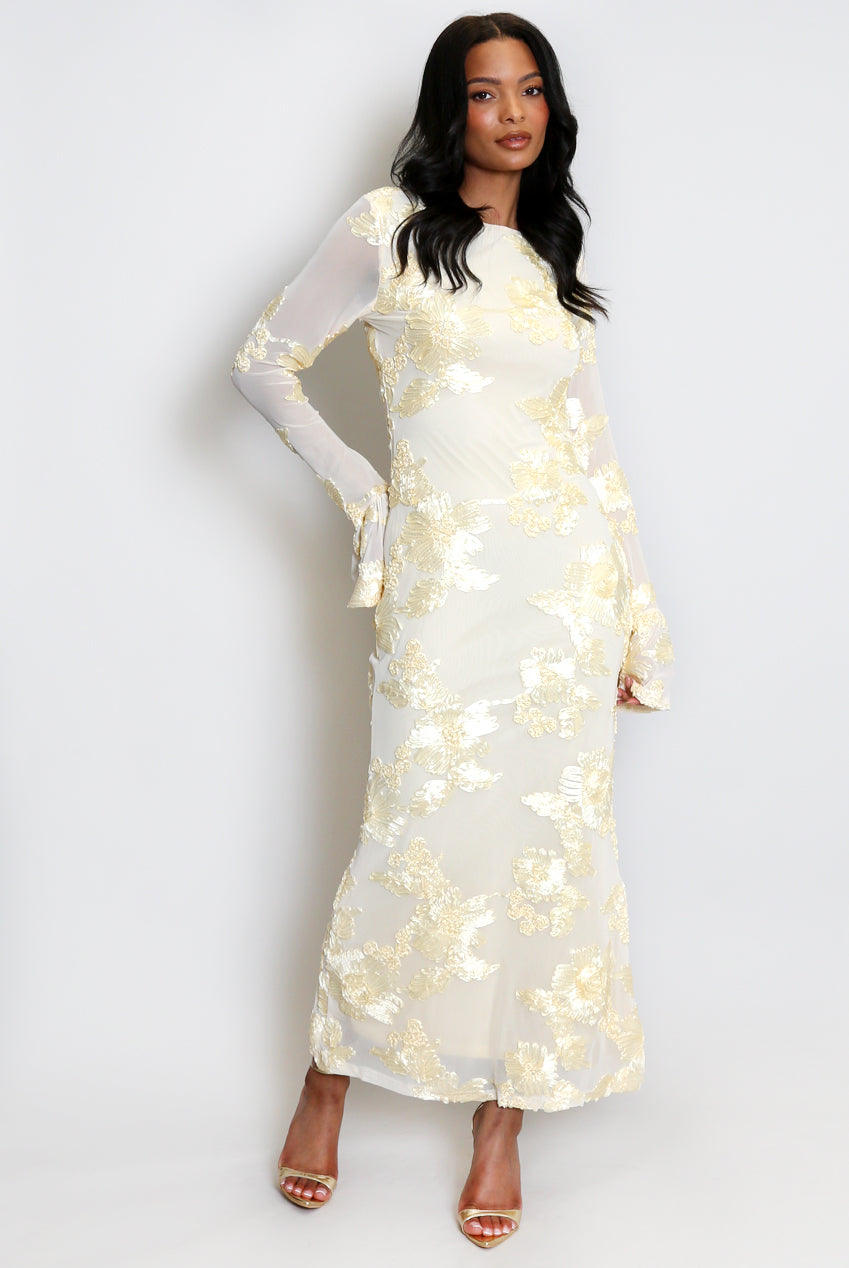 FLORAL LACE MIDI DRESS WITH FLUTE CUFFS