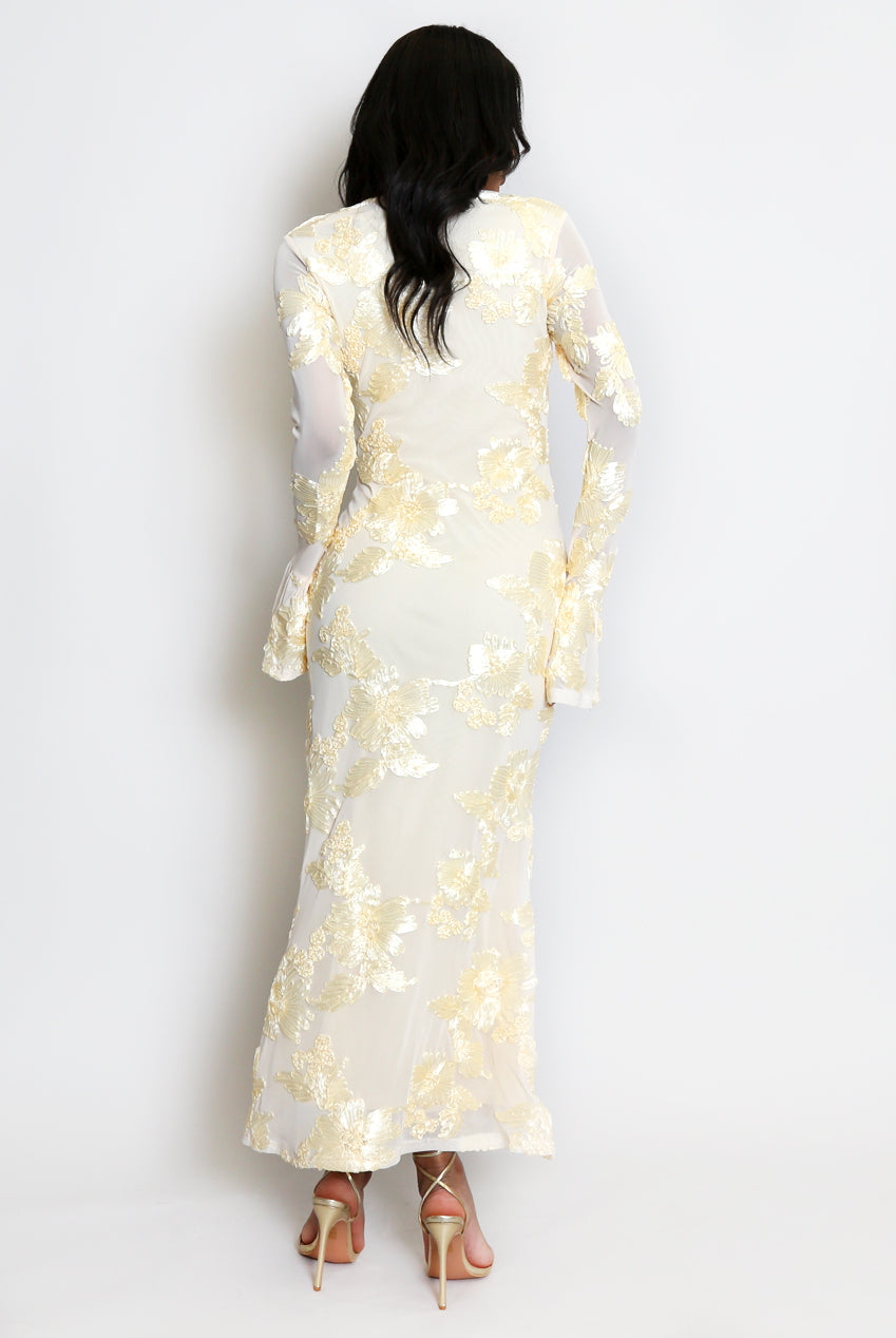 FLORAL LACE MIDI DRESS WITH FLUTE CUFFS