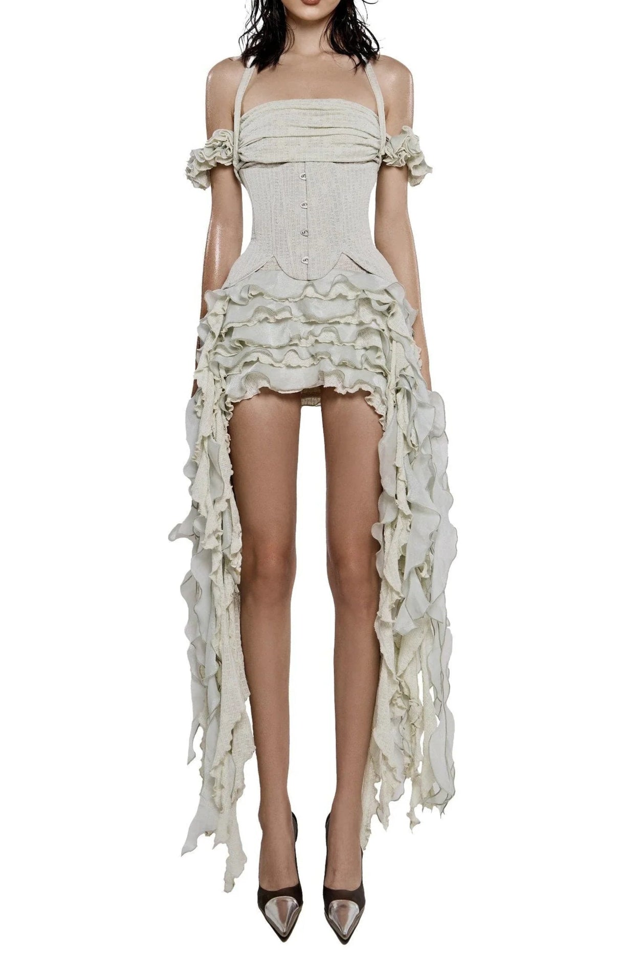 z5252732136465_7cbc39dffa163c895d5b05efad65b854 ELVA HALTER 3D FLOWER TASSEL MINI DRESS BEIGE