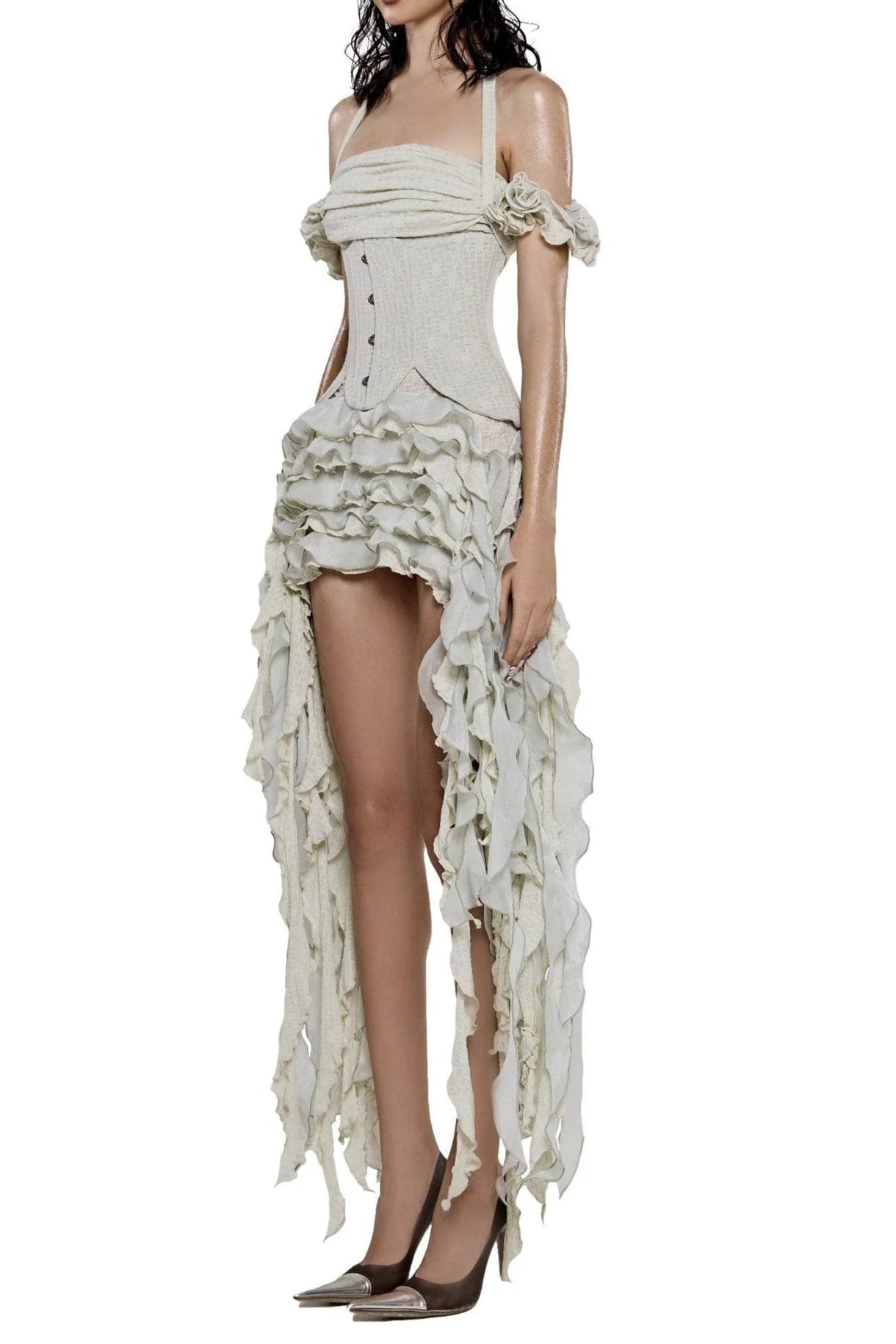ELVA HALTER 3D FLOWER TASSEL MINI DRESS BEIGE