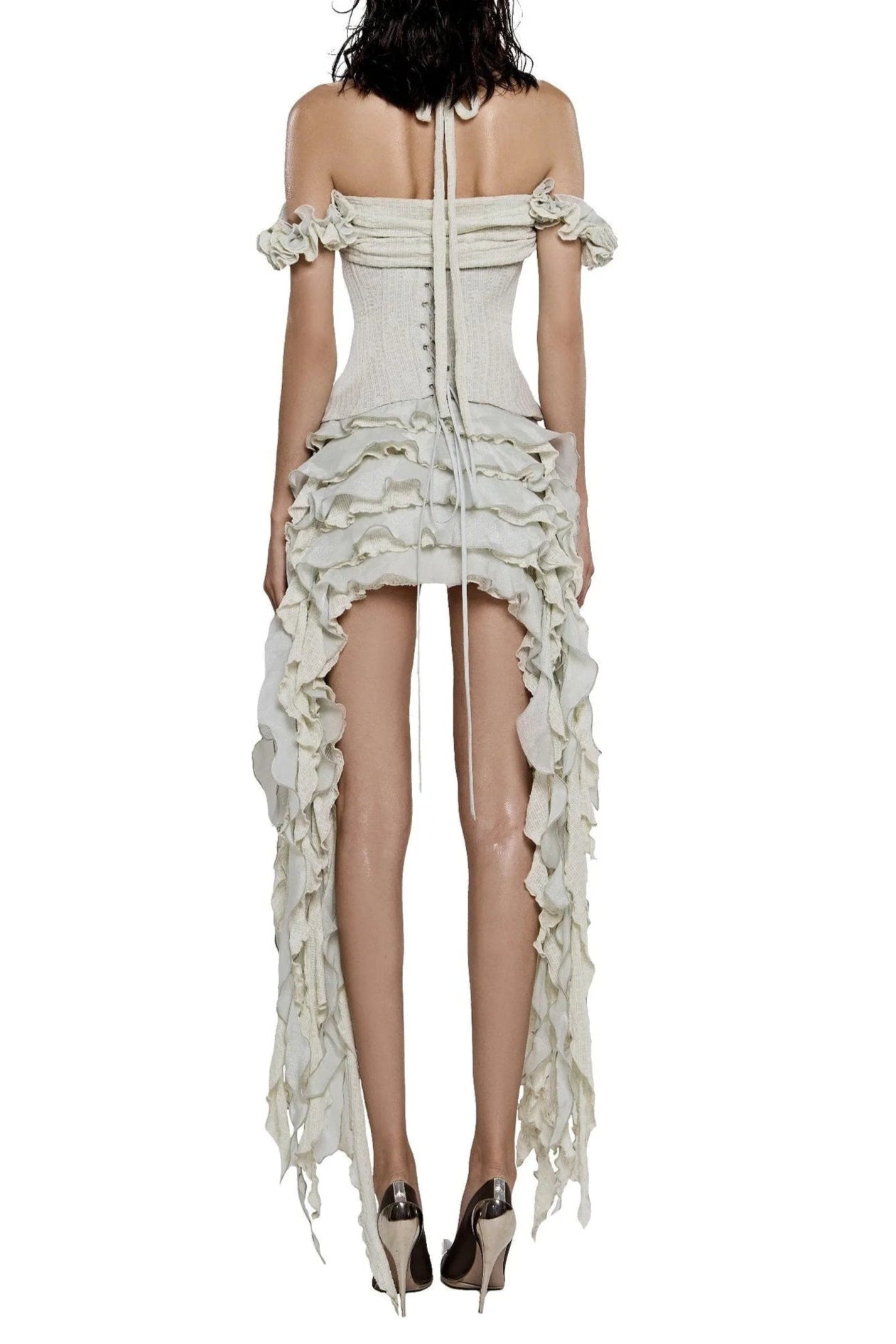 ELVA HALTER 3D FLOWER TASSEL MINI DRESS BEIGE