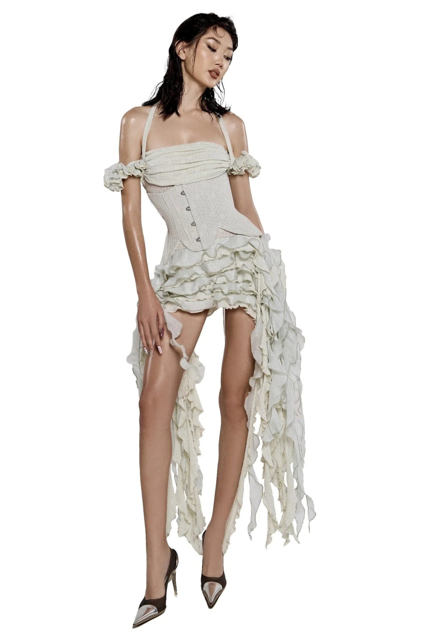 ELVA HALTER 3D FLOWER TASSEL MINI DRESS BEIGE