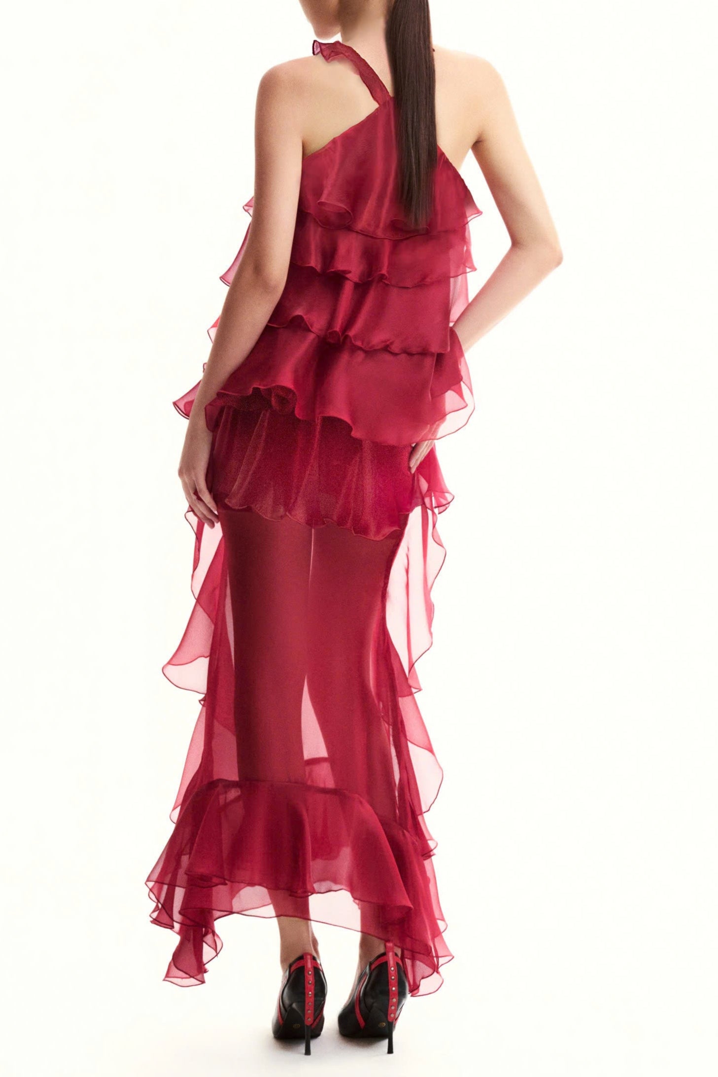 BEDELIA FLORAL HALTER RUFFLE MIDI DRESS