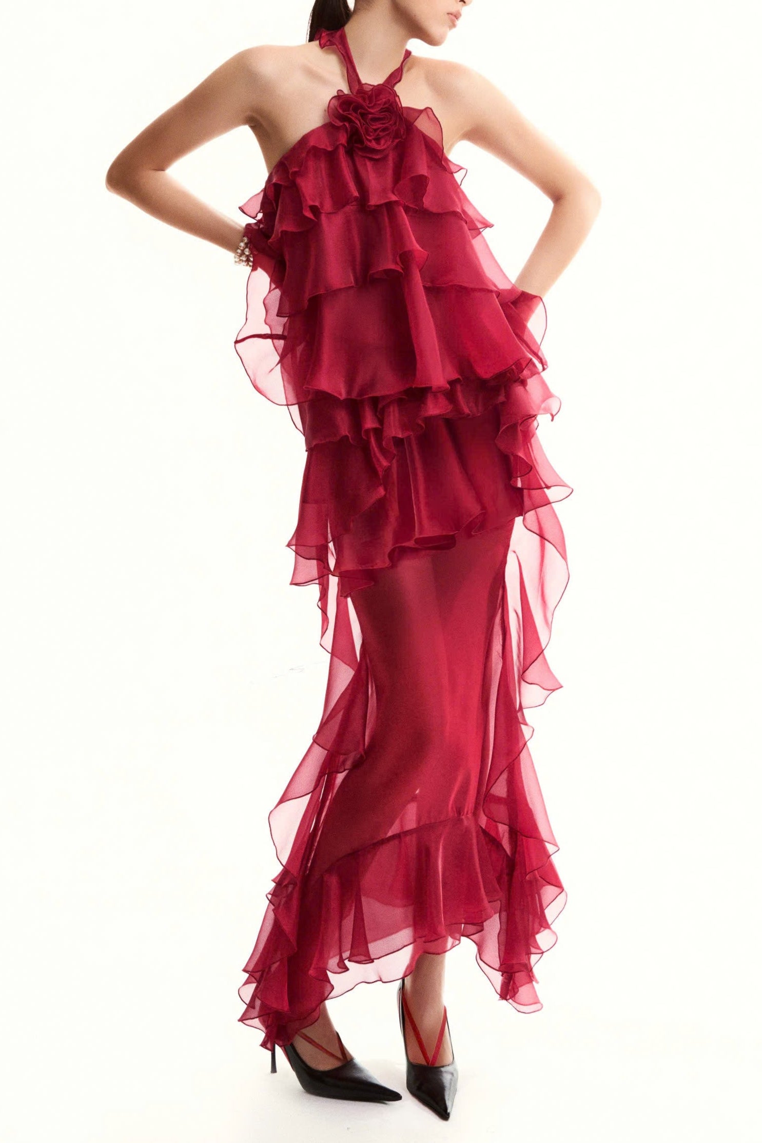 BEDELIA FLORAL HALTER RUFFLE MIDI DRESS