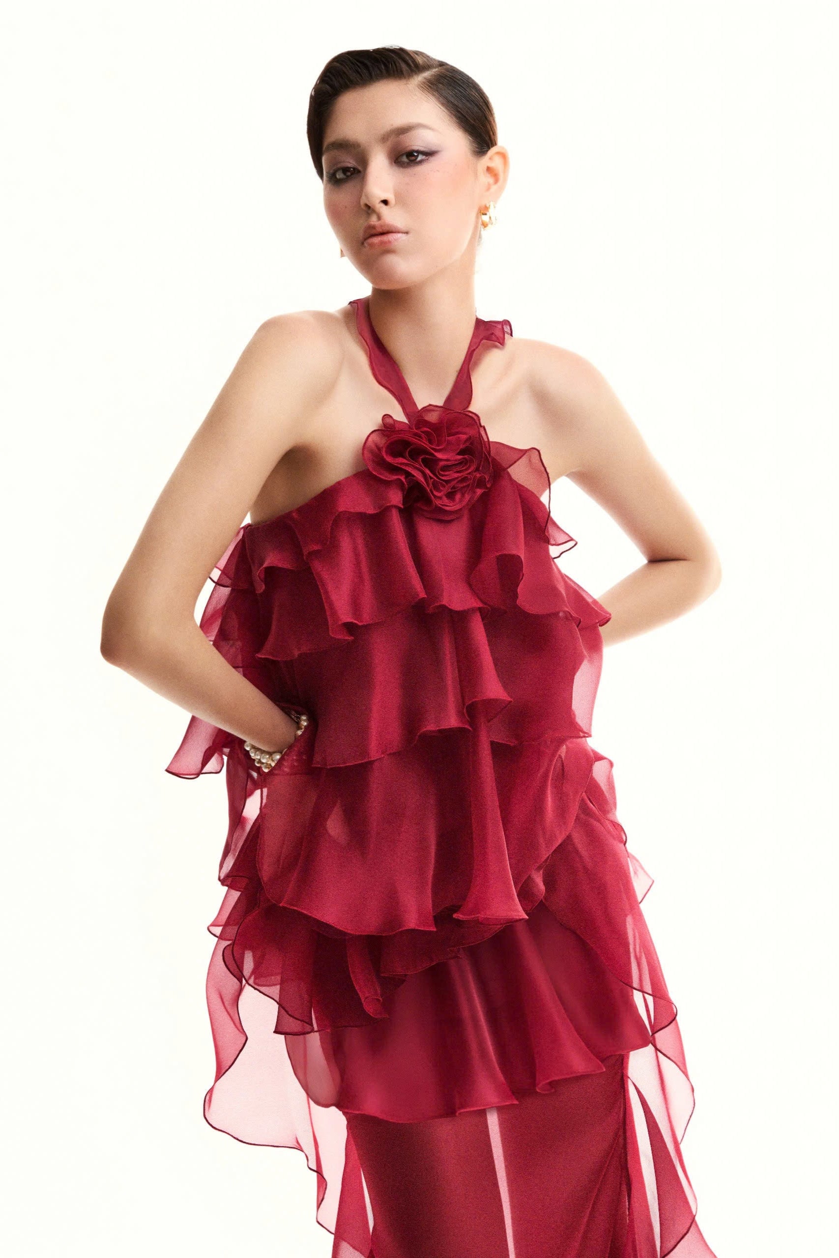 BEDELIA FLORAL HALTER RUFFLE MIDI DRESS