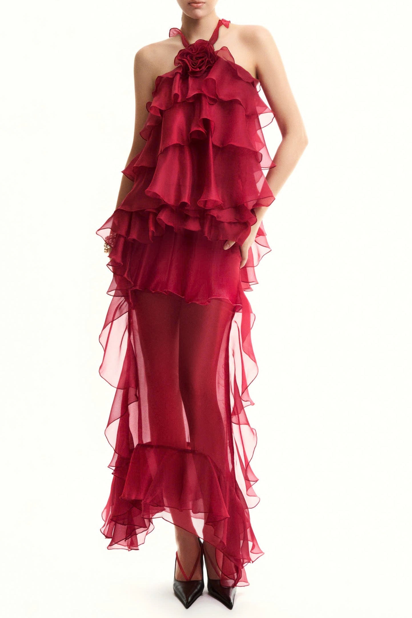 BEDELIA FLORAL HALTER RUFFLE MIDI DRESS