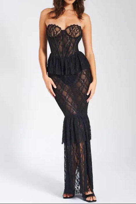 ZEN BLACK LACE CORSET MAXI DRESS, BOHO WEDDING